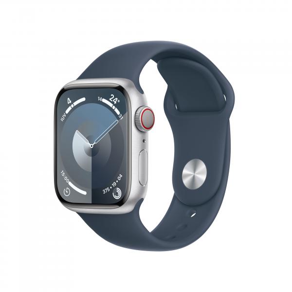 APPLE WATCH SERIES9 GPS + CELLULAR 41MM SILVER ALUMINIUM CASE WITH STORM BLUE SPORT BAND - M/L